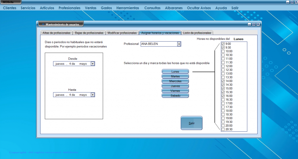 Gestiona tu centro con un programa exclusivo, intuitivo, práctico y fácil de usar. MDBellagestion es el software de gestión y reservas de citas online para peluquerías y centros de estética que lo hace posible. Gestiona tu centro con un programa exclusivo, intuitivo, práctico y fácil de usar. MDBellagestion es el software de gestión y reservas de citas online para peluquerías y centros de estética que lo hace posible.